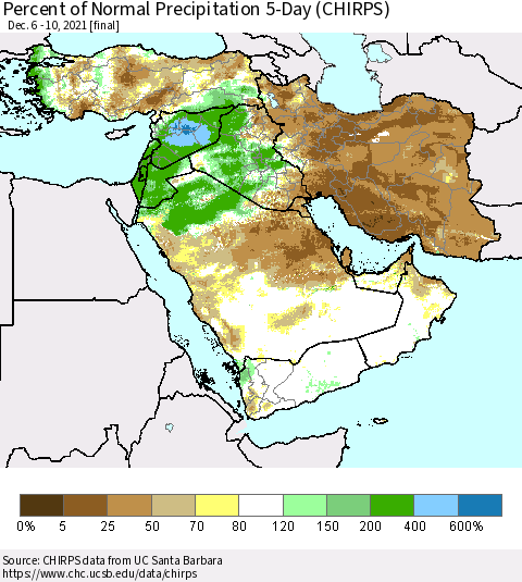 Middle East and Turkey Percent of Normal Precipitation 5-Day (CHIRPS) Thematic Map For 12/6/2021 - 12/10/2021