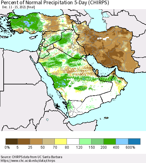 Middle East and Turkey Percent of Normal Precipitation 5-Day (CHIRPS) Thematic Map For 12/11/2021 - 12/15/2021