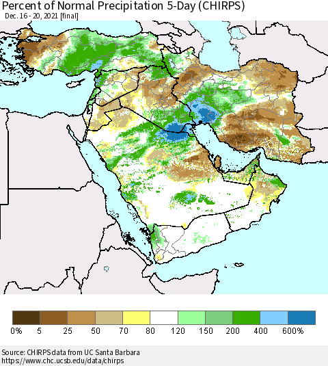 Middle East and Turkey Percent of Normal Precipitation 5-Day (CHIRPS) Thematic Map For 12/16/2021 - 12/20/2021