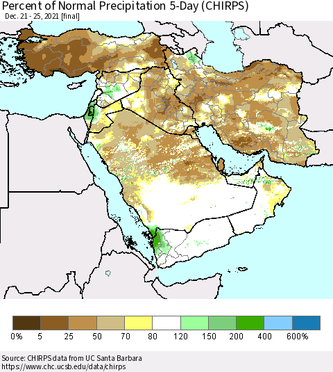Middle East and Turkey Percent of Normal Precipitation 5-Day (CHIRPS) Thematic Map For 12/21/2021 - 12/25/2021