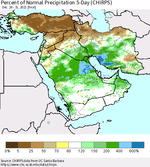 Middle East and Turkey Percent of Normal Precipitation 5-Day (CHIRPS) Thematic Map For 12/26/2021 - 12/31/2021