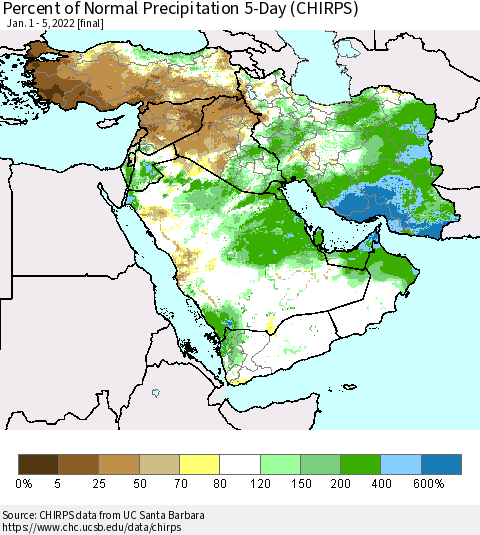 Middle East and Turkey Percent of Normal Precipitation 5-Day (CHIRPS) Thematic Map For 1/1/2022 - 1/5/2022