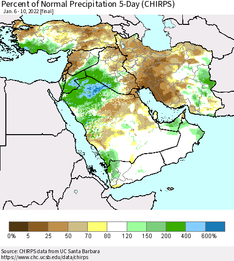 Middle East and Turkey Percent of Normal Precipitation 5-Day (CHIRPS) Thematic Map For 1/6/2022 - 1/10/2022