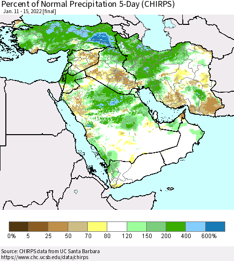 Middle East and Turkey Percent of Normal Precipitation 5-Day (CHIRPS) Thematic Map For 1/11/2022 - 1/15/2022