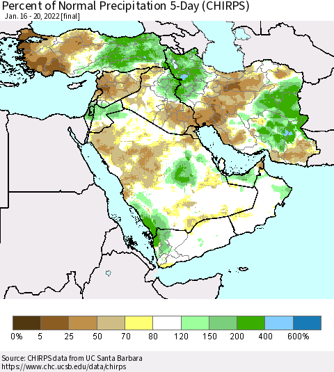Middle East and Turkey Percent of Normal Precipitation 5-Day (CHIRPS) Thematic Map For 1/16/2022 - 1/20/2022