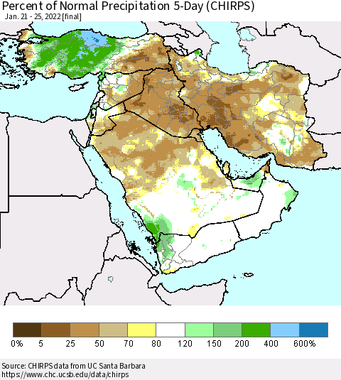 Middle East and Turkey Percent of Normal Precipitation 5-Day (CHIRPS) Thematic Map For 1/21/2022 - 1/25/2022