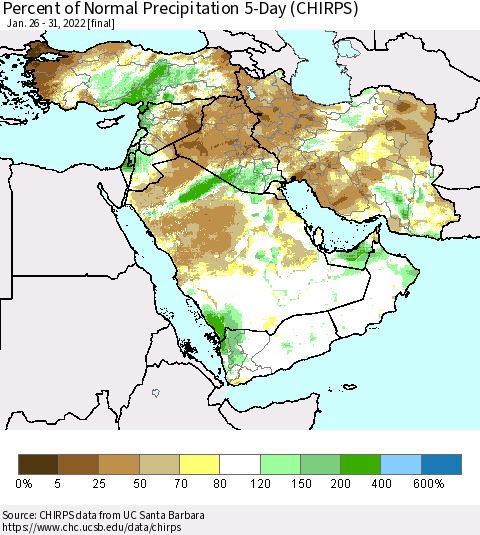Middle East and Turkey Percent of Normal Precipitation 5-Day (CHIRPS) Thematic Map For 1/26/2022 - 1/31/2022