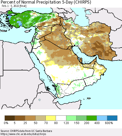 Middle East and Turkey Percent of Normal Precipitation 5-Day (CHIRPS) Thematic Map For 2/1/2022 - 2/5/2022