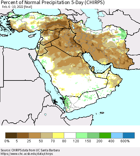 Middle East and Turkey Percent of Normal Precipitation 5-Day (CHIRPS) Thematic Map For 2/6/2022 - 2/10/2022