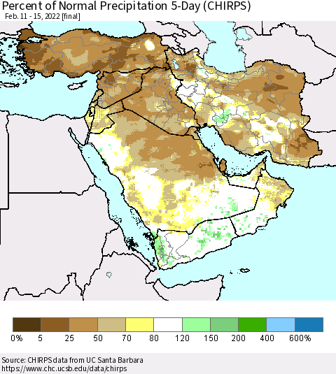 Middle East and Turkey Percent of Normal Precipitation 5-Day (CHIRPS) Thematic Map For 2/11/2022 - 2/15/2022