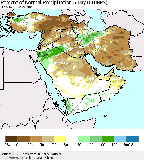 Middle East and Turkey Percent of Normal Precipitation 5-Day (CHIRPS) Thematic Map For 2/16/2022 - 2/20/2022