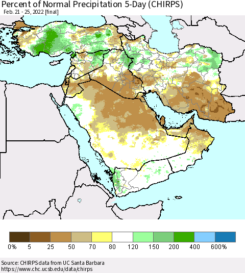 Middle East and Turkey Percent of Normal Precipitation 5-Day (CHIRPS) Thematic Map For 2/21/2022 - 2/25/2022