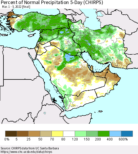 Middle East and Turkey Percent of Normal Precipitation 5-Day (CHIRPS) Thematic Map For 3/1/2022 - 3/5/2022