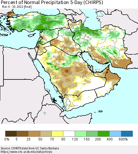 Middle East and Turkey Percent of Normal Precipitation 5-Day (CHIRPS) Thematic Map For 3/6/2022 - 3/10/2022