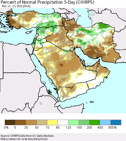 Middle East and Turkey Percent of Normal Precipitation 5-Day (CHIRPS) Thematic Map For 3/11/2022 - 3/15/2022