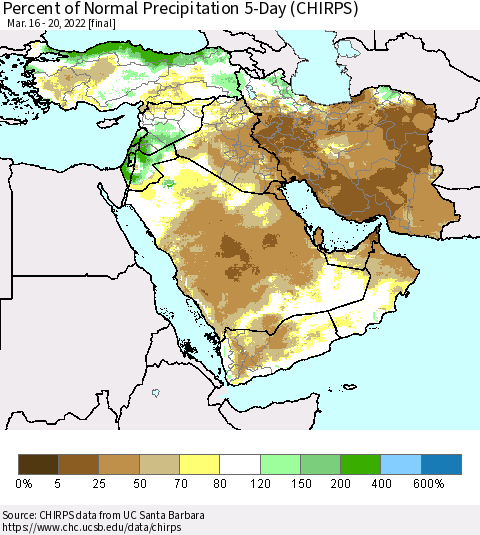 Middle East and Turkey Percent of Normal Precipitation 5-Day (CHIRPS) Thematic Map For 3/16/2022 - 3/20/2022