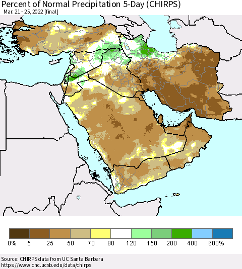 Middle East and Turkey Percent of Normal Precipitation 5-Day (CHIRPS) Thematic Map For 3/21/2022 - 3/25/2022