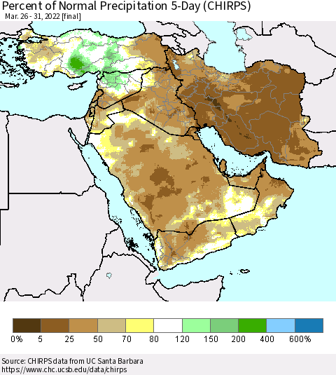 Middle East and Turkey Percent of Normal Precipitation 5-Day (CHIRPS) Thematic Map For 3/26/2022 - 3/31/2022