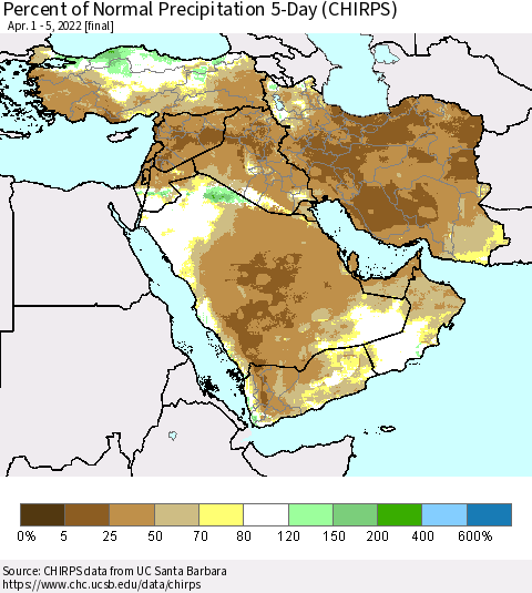 Middle East and Turkey Percent of Normal Precipitation 5-Day (CHIRPS) Thematic Map For 4/1/2022 - 4/5/2022