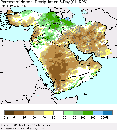 Middle East and Turkey Percent of Normal Precipitation 5-Day (CHIRPS) Thematic Map For 4/6/2022 - 4/10/2022