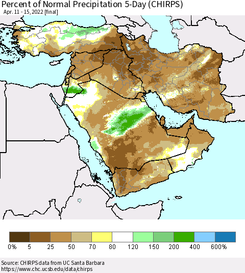 Middle East and Turkey Percent of Normal Precipitation 5-Day (CHIRPS) Thematic Map For 4/11/2022 - 4/15/2022