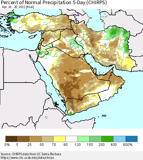 Middle East and Turkey Percent of Normal Precipitation 5-Day (CHIRPS) Thematic Map For 4/16/2022 - 4/20/2022