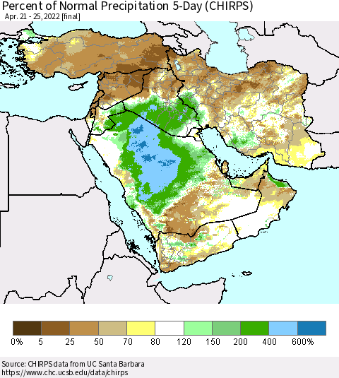 Middle East and Turkey Percent of Normal Precipitation 5-Day (CHIRPS) Thematic Map For 4/21/2022 - 4/25/2022