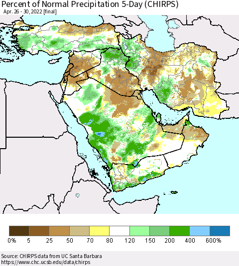 Middle East and Turkey Percent of Normal Precipitation 5-Day (CHIRPS) Thematic Map For 4/26/2022 - 4/30/2022