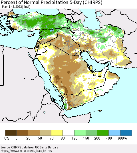 Middle East and Turkey Percent of Normal Precipitation 5-Day (CHIRPS) Thematic Map For 5/1/2022 - 5/5/2022