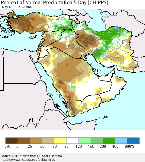 Middle East and Turkey Percent of Normal Precipitation 5-Day (CHIRPS) Thematic Map For 5/6/2022 - 5/10/2022