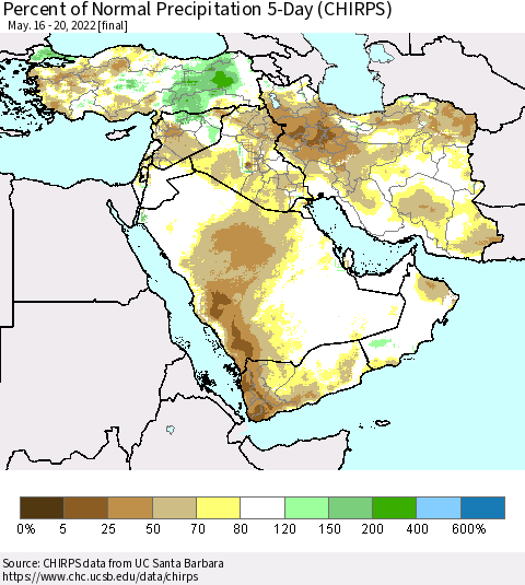 Middle East and Turkey Percent of Normal Precipitation 5-Day (CHIRPS) Thematic Map For 5/16/2022 - 5/20/2022