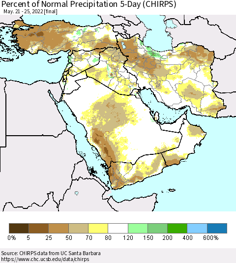 Middle East and Turkey Percent of Normal Precipitation 5-Day (CHIRPS) Thematic Map For 5/21/2022 - 5/25/2022