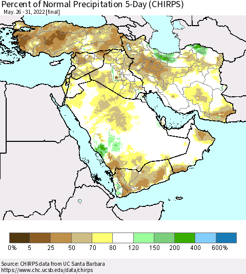 Middle East and Turkey Percent of Normal Precipitation 5-Day (CHIRPS) Thematic Map For 5/26/2022 - 5/31/2022