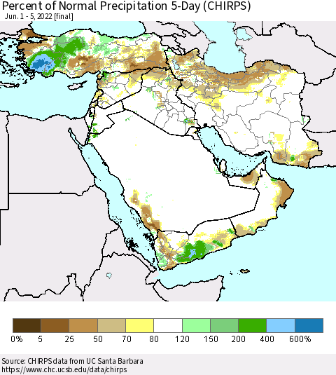 Middle East and Turkey Percent of Normal Precipitation 5-Day (CHIRPS) Thematic Map For 6/1/2022 - 6/5/2022