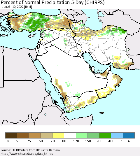 Middle East and Turkey Percent of Normal Precipitation 5-Day (CHIRPS) Thematic Map For 6/6/2022 - 6/10/2022