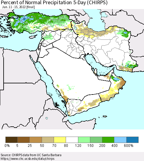 Middle East and Turkey Percent of Normal Precipitation 5-Day (CHIRPS) Thematic Map For 6/11/2022 - 6/15/2022