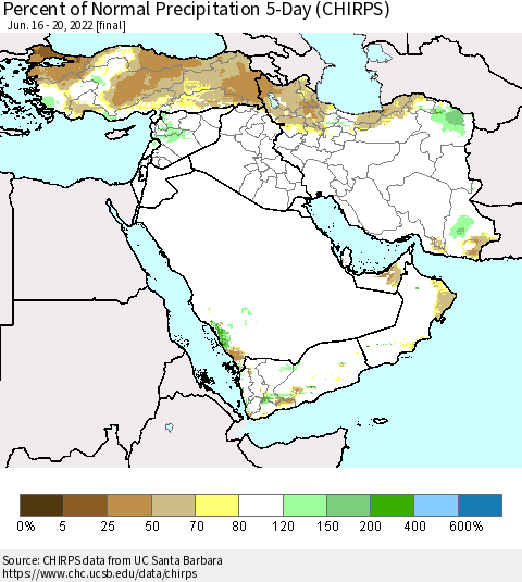 Middle East and Turkey Percent of Normal Precipitation 5-Day (CHIRPS) Thematic Map For 6/16/2022 - 6/20/2022
