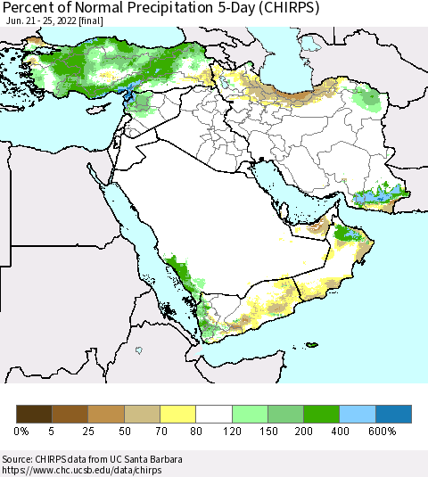 Middle East and Turkey Percent of Normal Precipitation 5-Day (CHIRPS) Thematic Map For 6/21/2022 - 6/25/2022