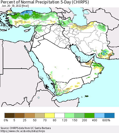 Middle East and Turkey Percent of Normal Precipitation 5-Day (CHIRPS) Thematic Map For 6/26/2022 - 6/30/2022