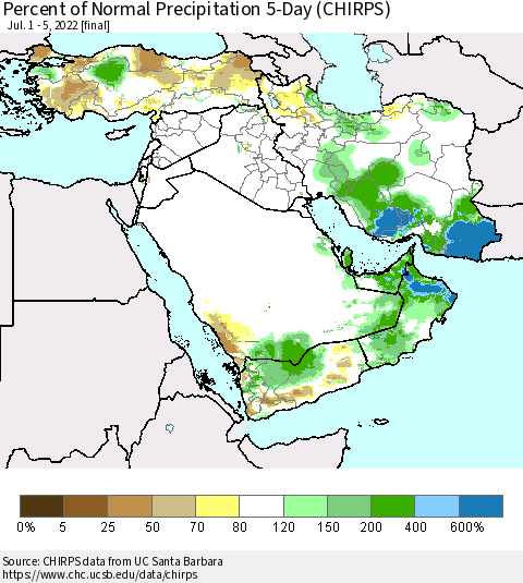 Middle East and Turkey Percent of Normal Precipitation 5-Day (CHIRPS) Thematic Map For 7/1/2022 - 7/5/2022