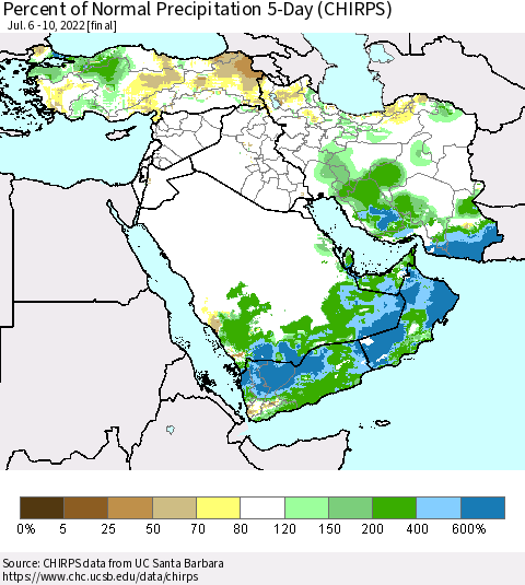 Middle East and Turkey Percent of Normal Precipitation 5-Day (CHIRPS) Thematic Map For 7/6/2022 - 7/10/2022
