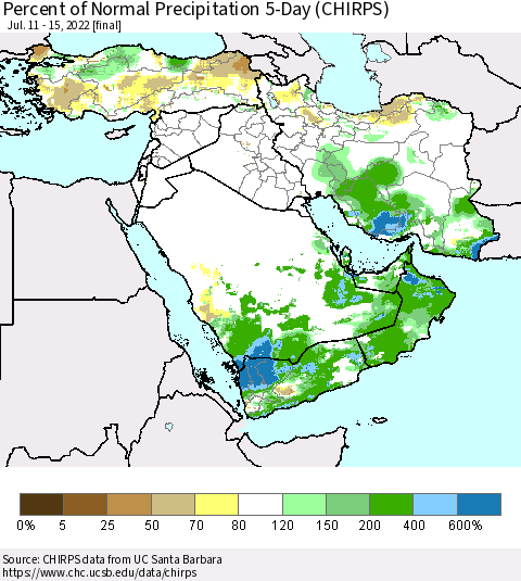 Middle East and Turkey Percent of Normal Precipitation 5-Day (CHIRPS) Thematic Map For 7/11/2022 - 7/15/2022