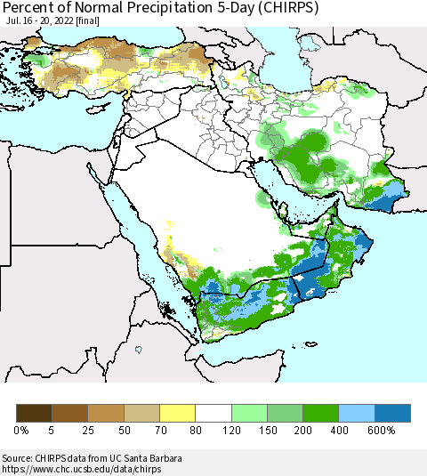 Middle East and Turkey Percent of Normal Precipitation 5-Day (CHIRPS) Thematic Map For 7/16/2022 - 7/20/2022