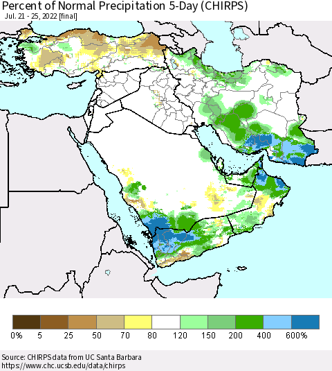 Middle East and Turkey Percent of Normal Precipitation 5-Day (CHIRPS) Thematic Map For 7/21/2022 - 7/25/2022