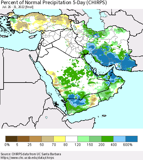 Middle East and Turkey Percent of Normal Precipitation 5-Day (CHIRPS) Thematic Map For 7/26/2022 - 7/31/2022