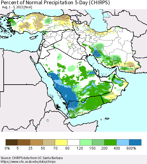 Middle East and Turkey Percent of Normal Precipitation 5-Day (CHIRPS) Thematic Map For 8/1/2022 - 8/5/2022