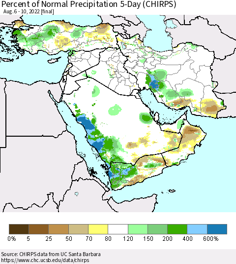 Middle East and Turkey Percent of Normal Precipitation 5-Day (CHIRPS) Thematic Map For 8/6/2022 - 8/10/2022