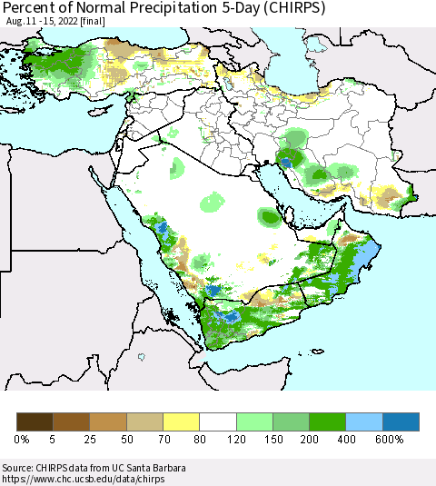 Middle East and Turkey Percent of Normal Precipitation 5-Day (CHIRPS) Thematic Map For 8/11/2022 - 8/15/2022