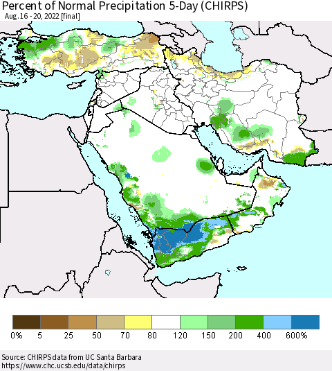 Middle East and Turkey Percent of Normal Precipitation 5-Day (CHIRPS) Thematic Map For 8/16/2022 - 8/20/2022