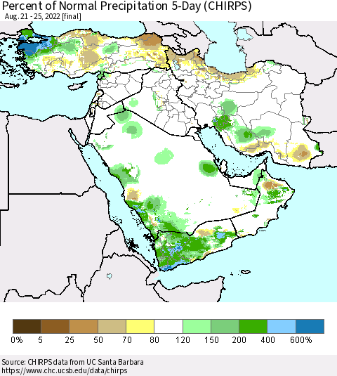 Middle East and Turkey Percent of Normal Precipitation 5-Day (CHIRPS) Thematic Map For 8/21/2022 - 8/25/2022